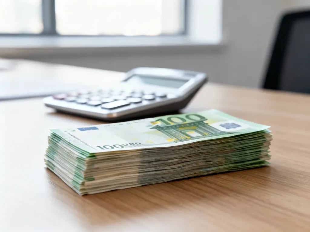 Stos banknotów euro na drewnianym biurku obok kalkulatora, symbolizujący przeliczanie walut.
