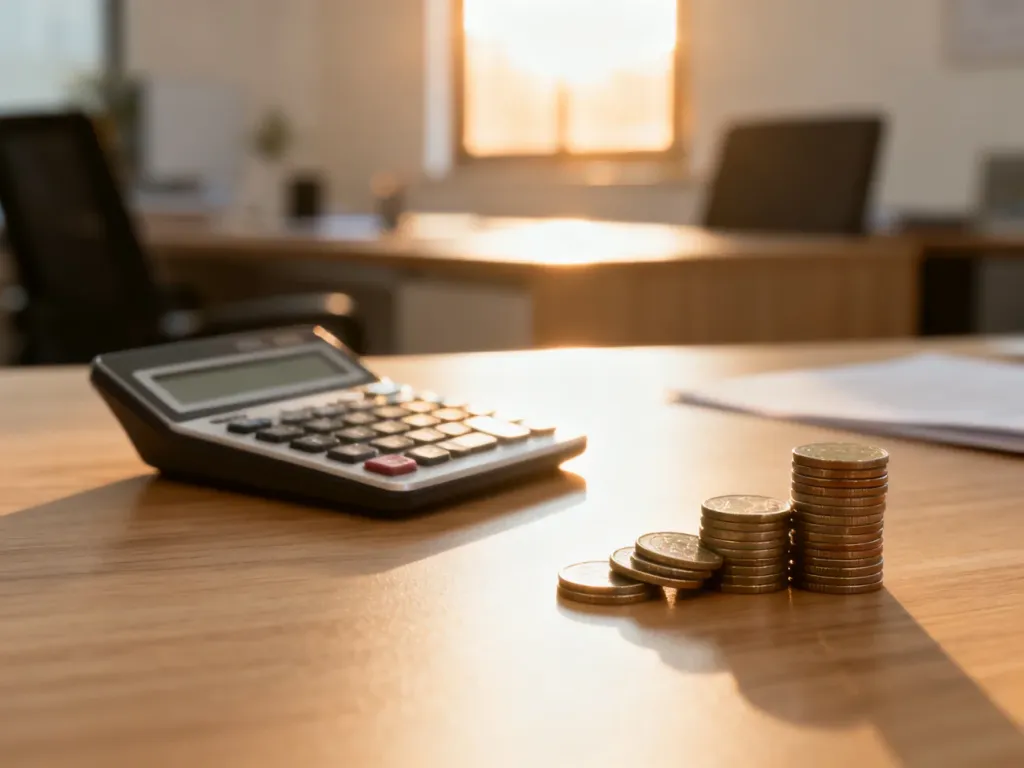 Minimalistyczne biurko z kalkulatorem i monetami, symbolizujące profesjonalne obliczenia finansowe i wynagrodzenia.