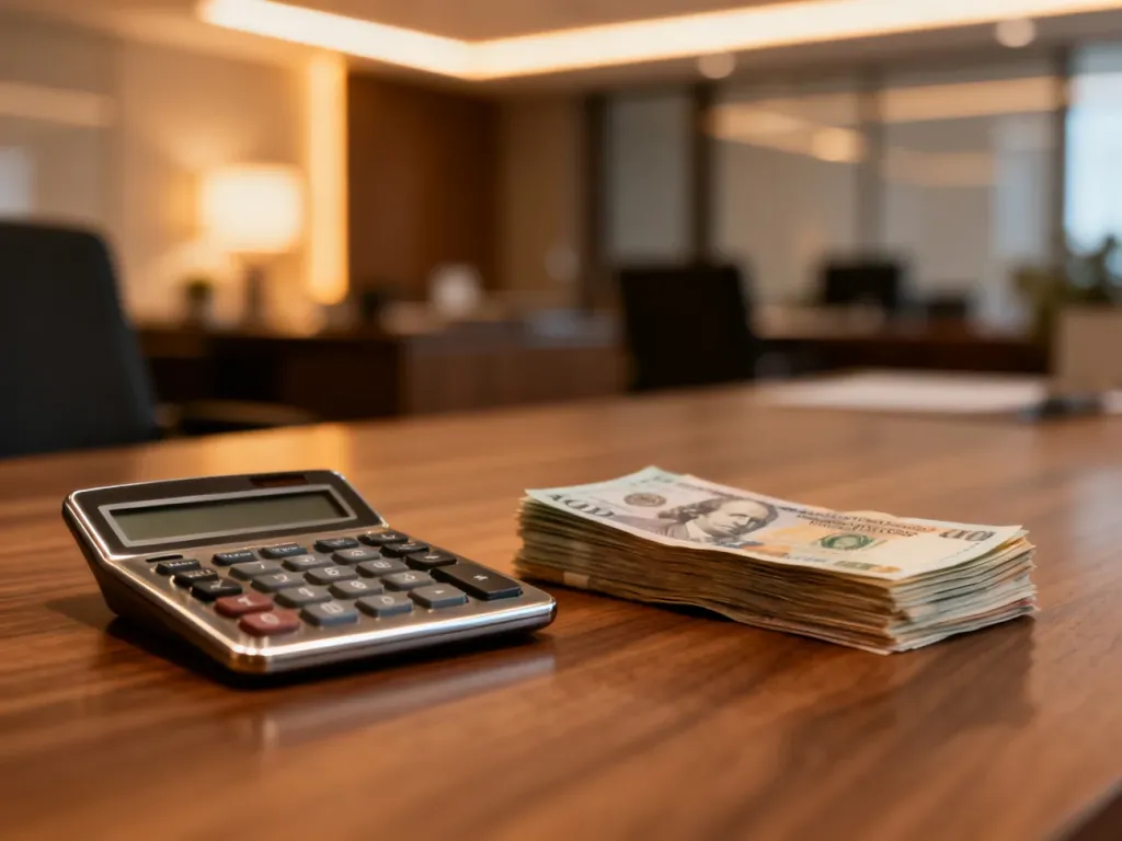 Kalkulator i plik banknotów na biurku, symbolizujące obliczanie wynagrodzenia i planowanie finansów.
