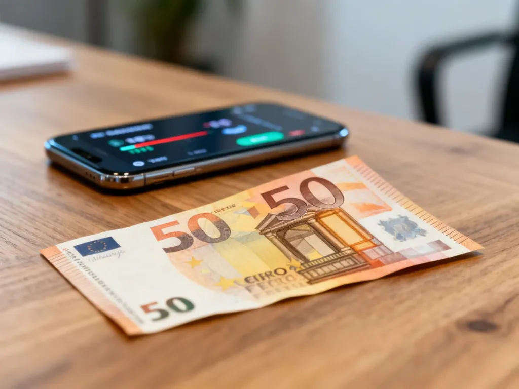 Banknot pięćdziesięciu euro leżący na drewnianym stole obok smartfona z aplikacją do przeliczania walut.