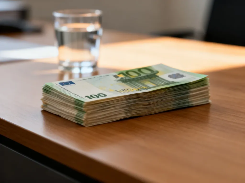 Stos banknotów euro leżący na drewnianym biurku, symbolizujący przelicznik walut i finanse.