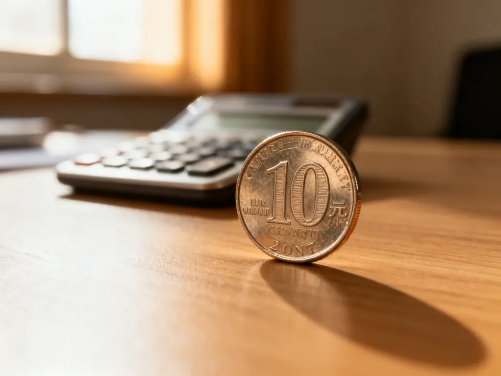 Dziesięciocentowa moneta leżąca na drewnianym biurku obok kalkulatora, symbolizująca przeliczanie walut.