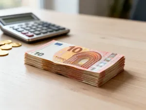 Stos polskich banknotów i monet na drewnianym biurku, symbolizujący obliczenia wynagrodzenia i finanse osobiste.