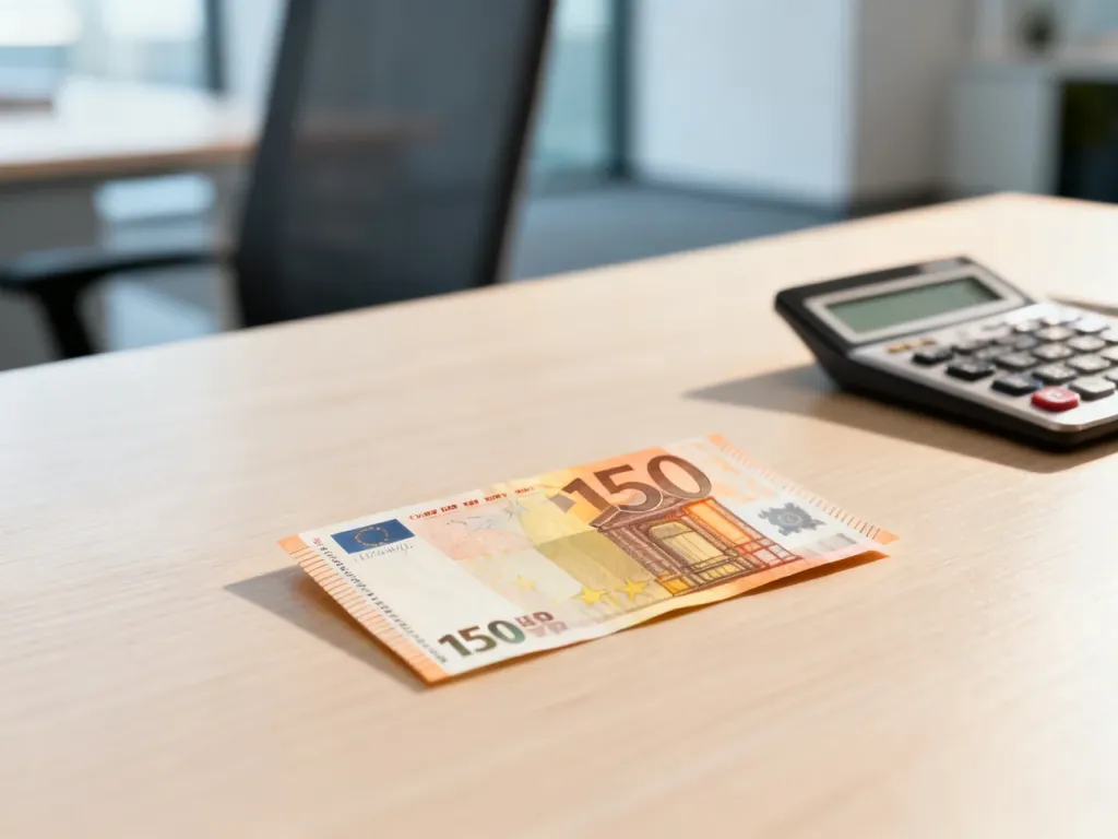 Banknot 150 euro leżący na drewnianym biurku w nowoczesnym biurze, symbolizujący przelicznik walut.