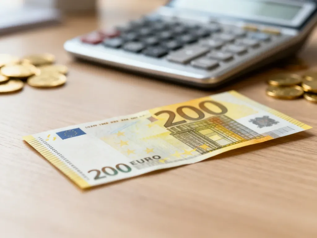 Banknot 200 euro leżący na drewnianym biurku obok kalkulatora i monet, symbolizujący przelicznik walut.