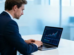 Profesjonalista analizujący wykresy finansowe na laptopie w nowoczesnym biurze.