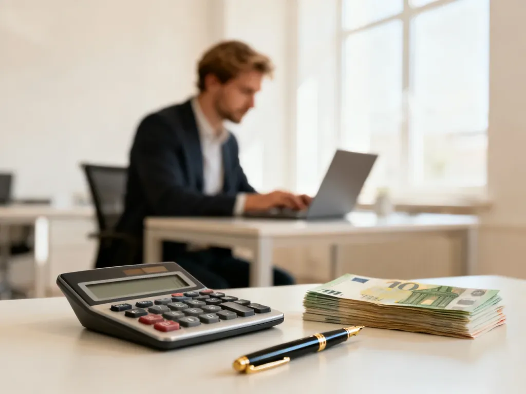 Nowoczesne biurko z kalkulatorem, piórem i gotówką, symbolizujące planowanie finansów i obliczanie wynagrodzenia.