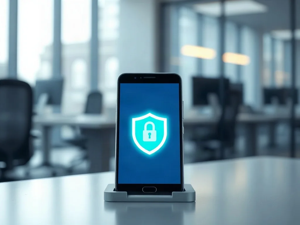 Smartfon z ikoną tarczy i kłódki na ekranie, symbolizujący bezpieczne zastrzeganie numeru PESEL w aplikacji.