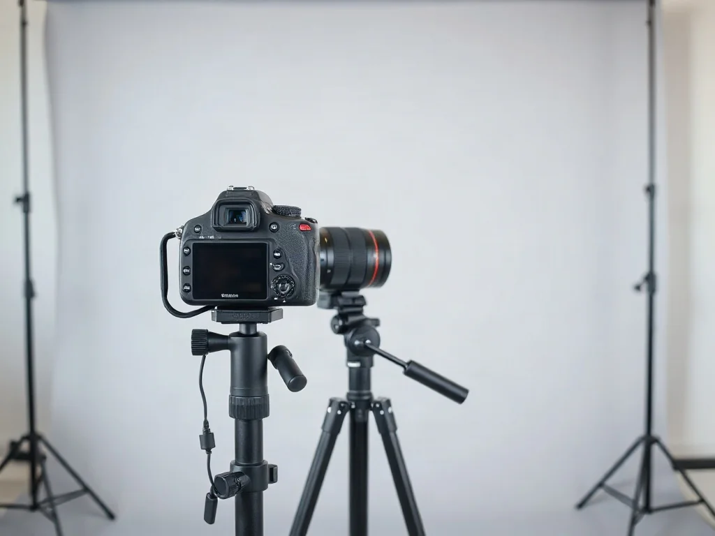 Profesjonalne stanowisko fotograficzne z aparatem na statywie i neutralnym tłem, przygotowane do wykonania zdjęcia do dowodu.