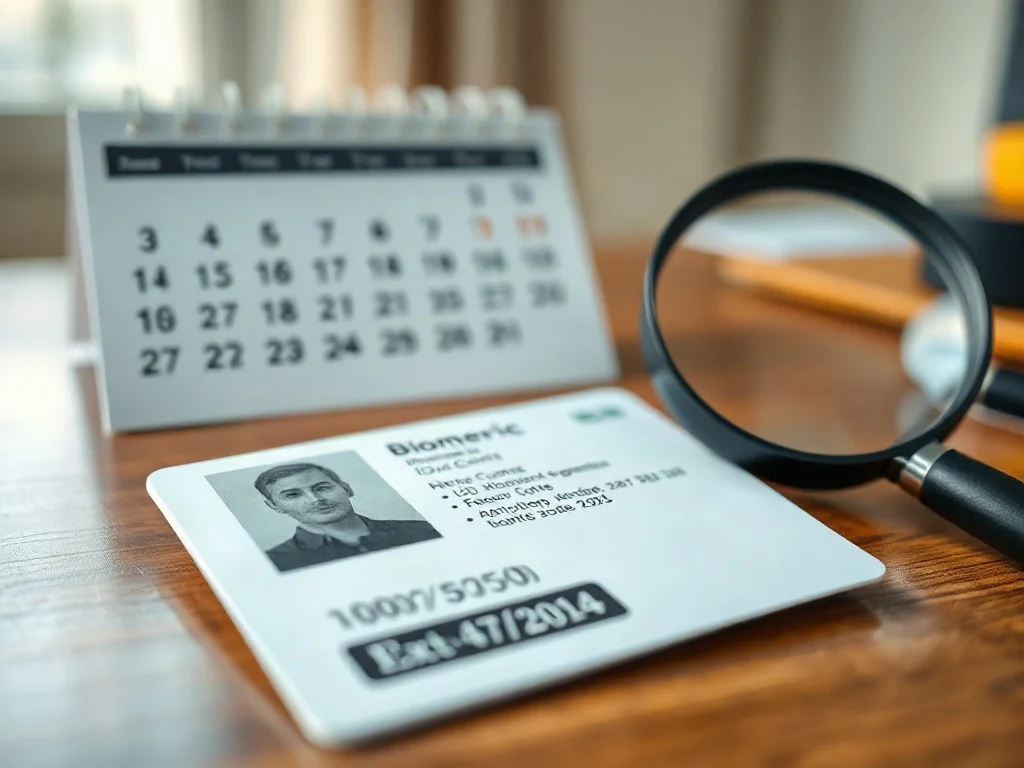 Biometryczny dowód osobisty na drewnianym biurku obok kalendarza, symbolizujący weryfikację ważności dokumentu.