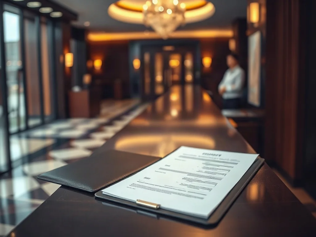 Nowoczesna recepcja hotelowa z przygotowanym formularzem meldunkowym i skórzaną teczką na dokumenty gościa.