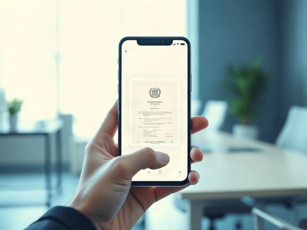 Dłoń trzymająca smartfon z włączonym interfejsem skanowania dokumentów w aplikacji mObywatel.