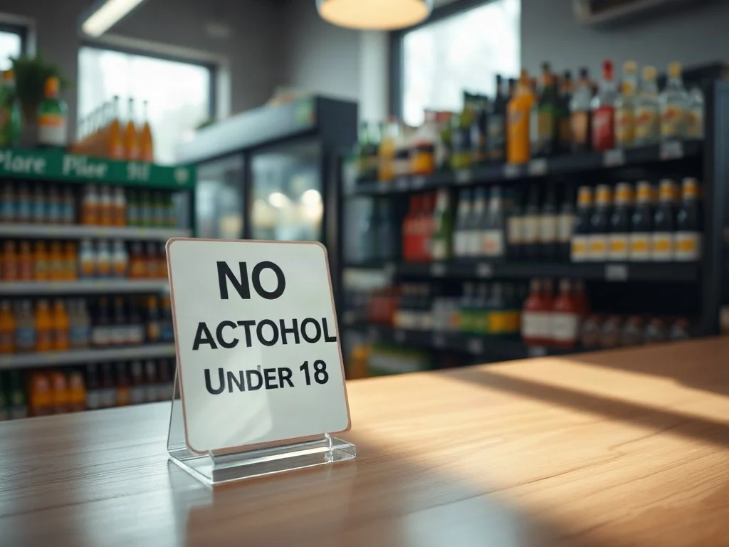 Znak ostrzegawczy informujący o zakazie sprzedaży alkoholu osobom poniżej 18. roku życia na ladzie sklepowej.