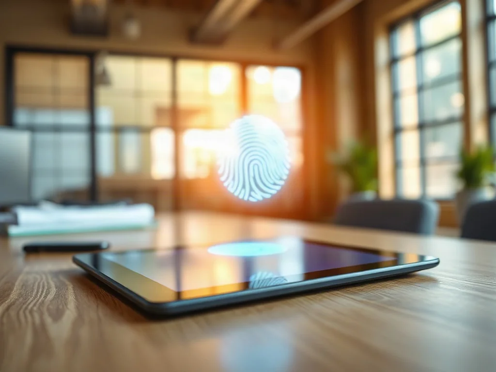 Tablet z ikoną skanowania odcisku palca na biurku, symbolizujący nowoczesną i bezpieczną weryfikację tożsamości online.