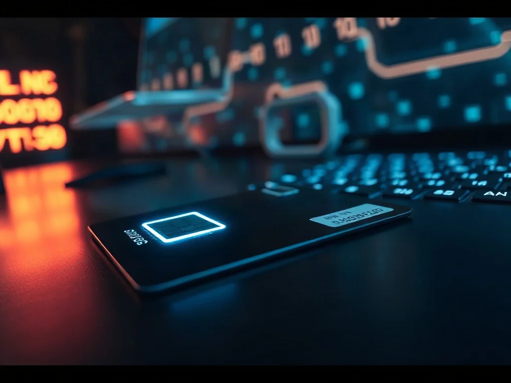 Zbliżenie na chip biometrycznego dowodu osobistego z cyfrową poświatą, symbolizujące nowoczesną warstwę elektroniczną.
