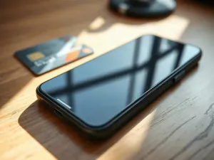 Smartfon zbliżony do terminala płatniczego, ilustrujący proces płatności zbliżeniowej NFC.