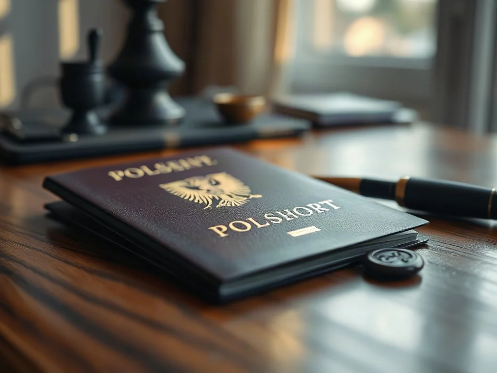 Polski paszport leżący na drewnianym biurku obok pióra wiecznego i pieczęci lakowej, symbolizujący proces potwierdzania obywatelstwa.