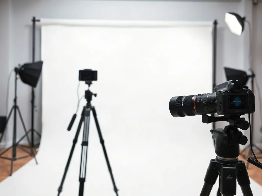 Profesjonalne stanowisko fotograficzne z oświetleniem i aparatem na statywie, przygotowane do wykonania zdjęcia do dowodu.