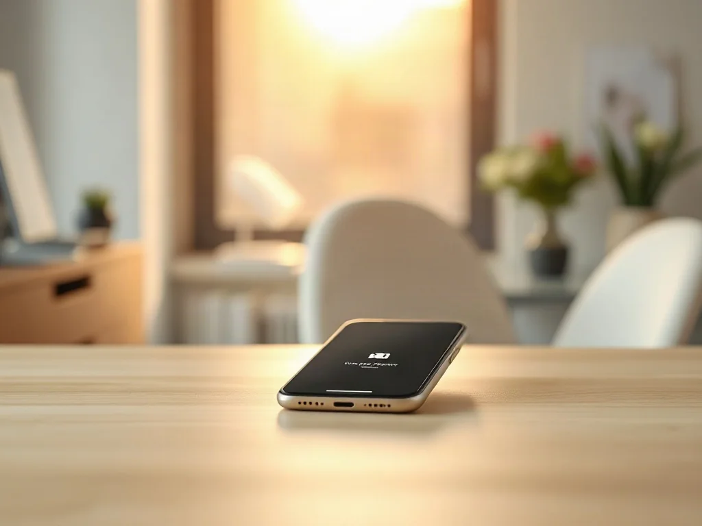Minimalistyczny smartfon z powiadomieniem na drewnianym biurku w słonecznym biurze, symbolizujący nowoczesne alerty.