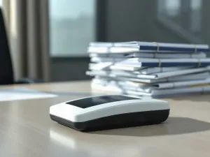 Zamknięta paczka z dowodem osobistym na biurku obok smartfona z widocznym statusem śledzenia przesyłki.
