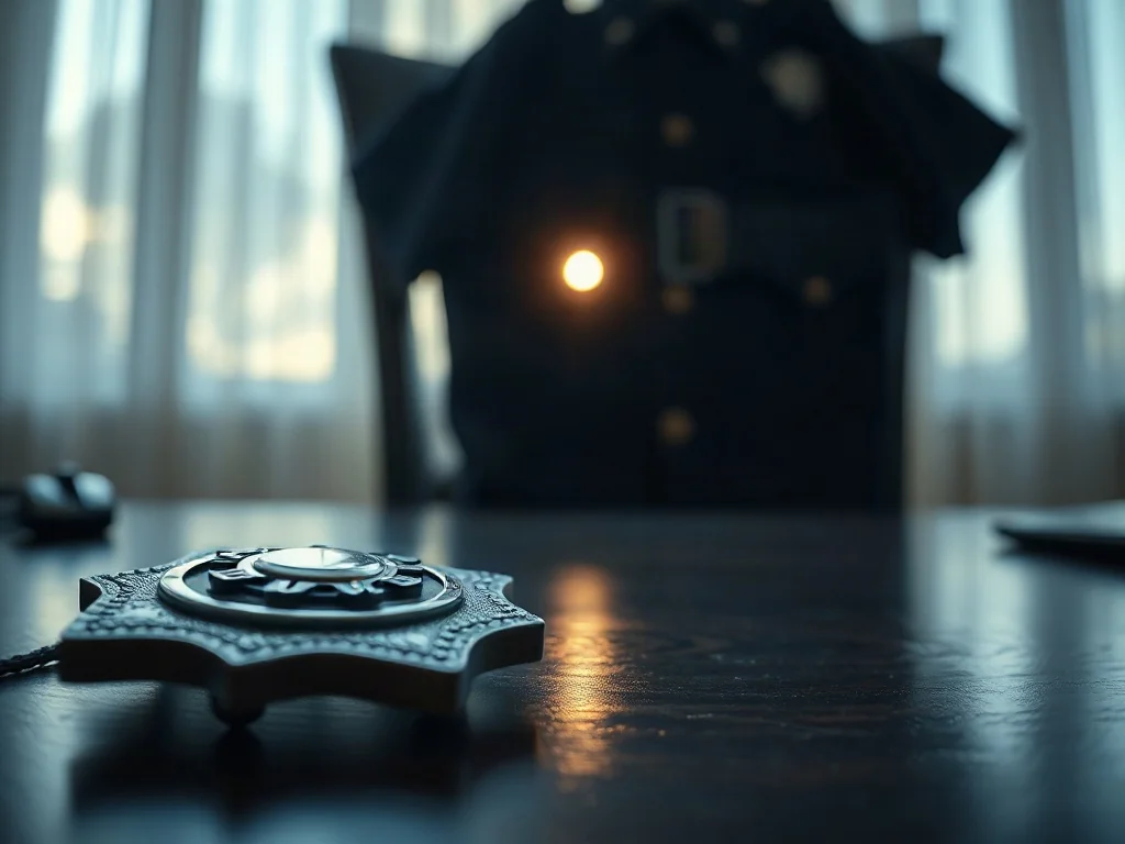 Odznaka policyjna leżąca na drewnianym biurku, symbolizująca autorytet i uprawnienia funkcjonariuszy policji.