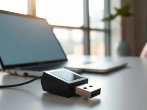 Elektroniczny dowód osobisty na ciemnym biurku z hologramem tarczy, symbolizujący zaawansowane zabezpieczenia danych.