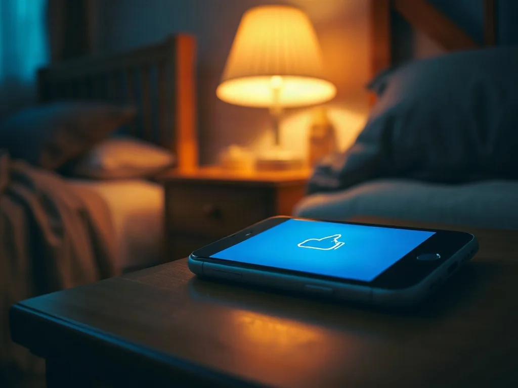 Świecący ekran smartfona na nocnym stoliku w ciemnej sypialni, sygnalizujący nadejście powiadomienia.