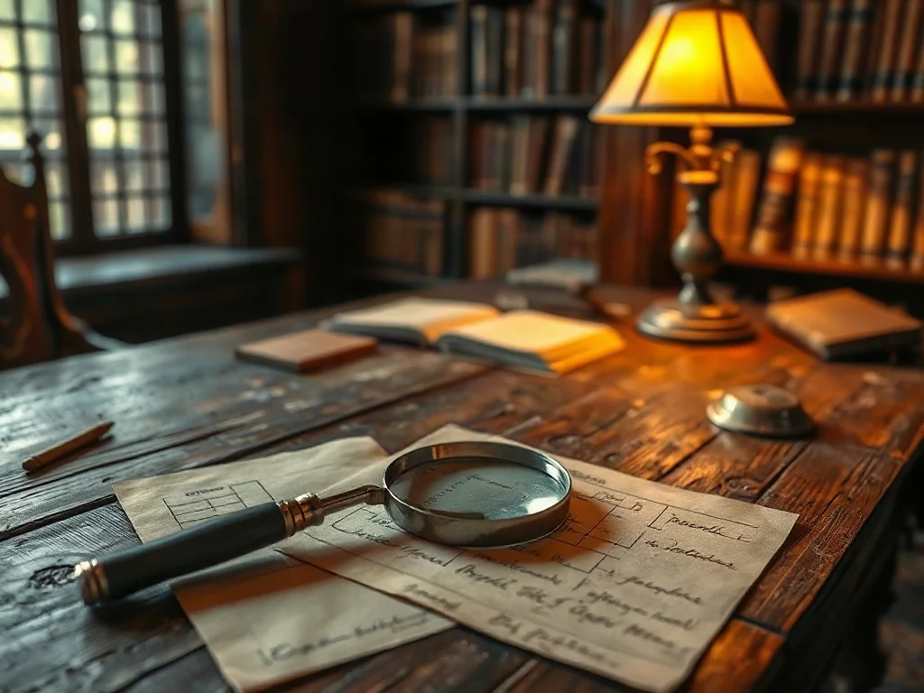 Stare dokumenty genealogiczne, lupa i drzewo genealogiczne na biurku w bibliotece, symbolizujące poszukiwanie przodków.