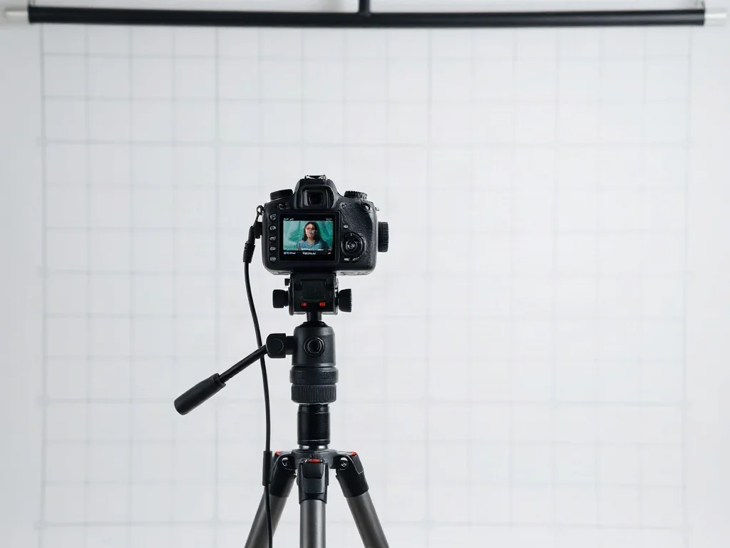 Profesjonalne stanowisko fotograficzne ze statywem i oświetleniem studyjnym do wykonywania zdjęć biometrycznych.